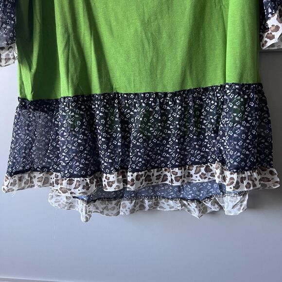 Boho Floral Leopard Floral Top Women Large Green Black Ruffle Bell Sleeve Tiered - Picture 4 of 9